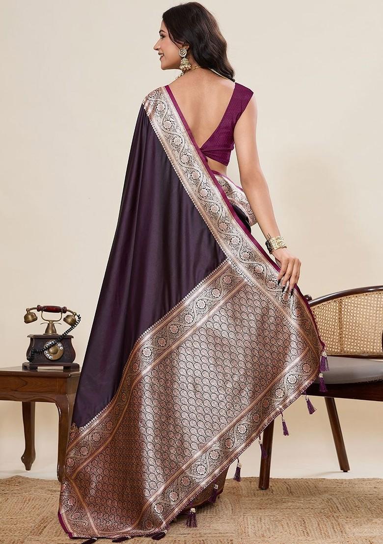 Purple Embroidered Blended Saree Set - Indya