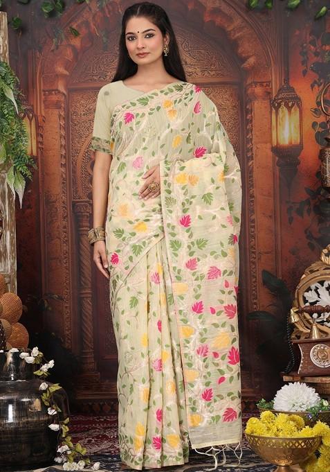 Cream Embroidered Blended Saree Set — view on Indya