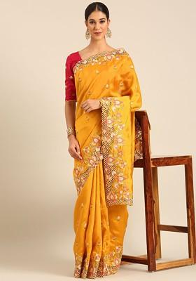 Yellow Embroidered Blended Saree Set