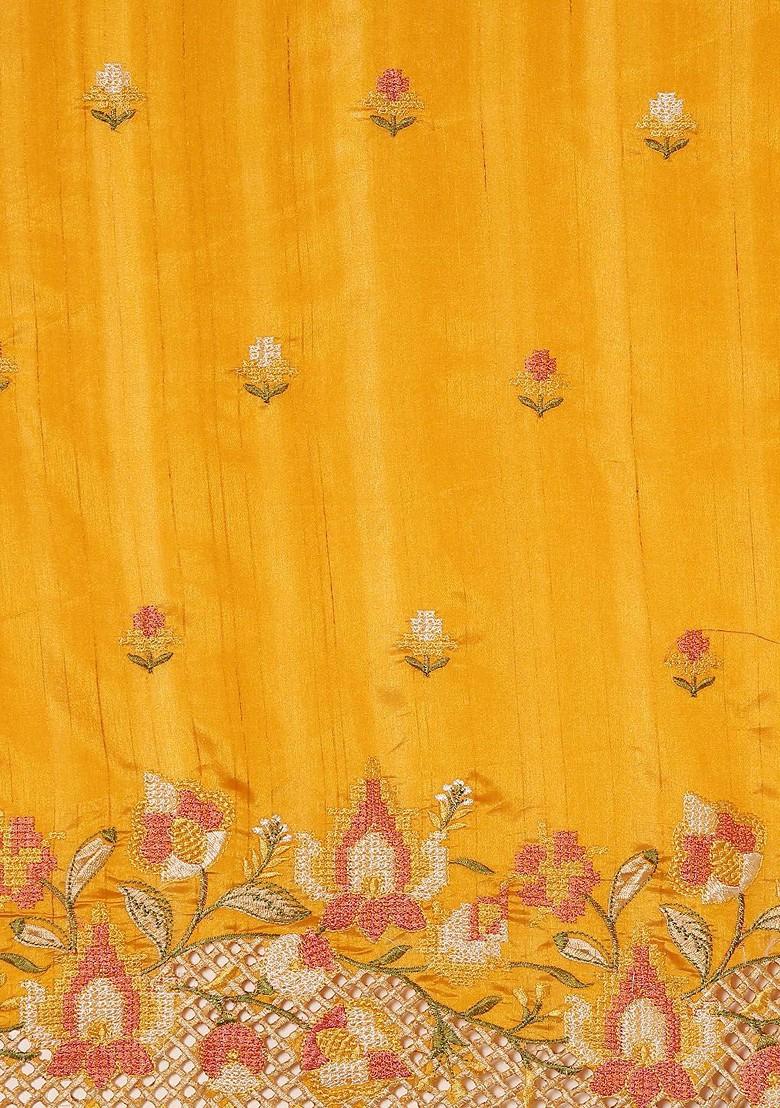 Yellow Embroidered Blended Saree Set - Indya