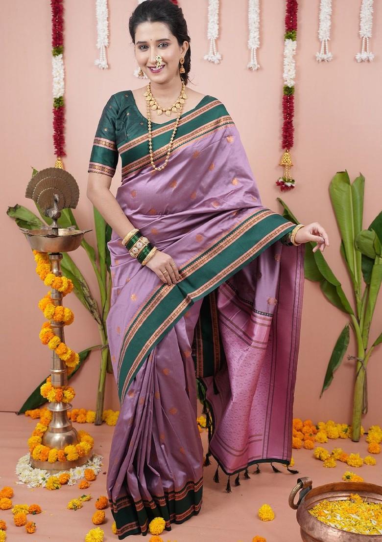 Lavender Embroidered Blended Saree Set - Indya