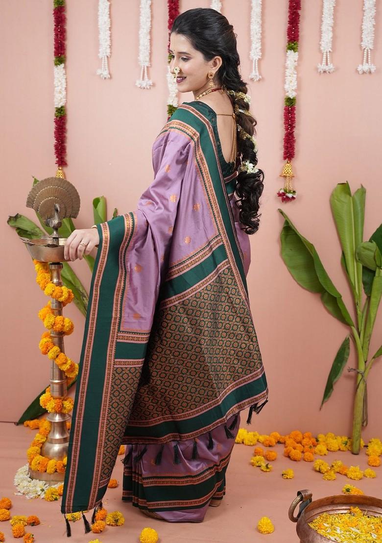 Lavender Embroidered Blended Saree Set - Indya