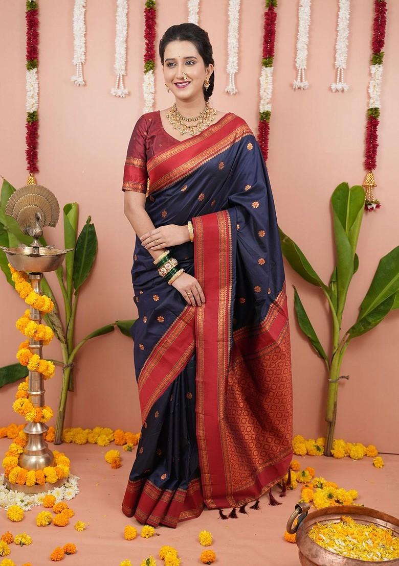 Blue Embroidered Blended Saree Set - Indya