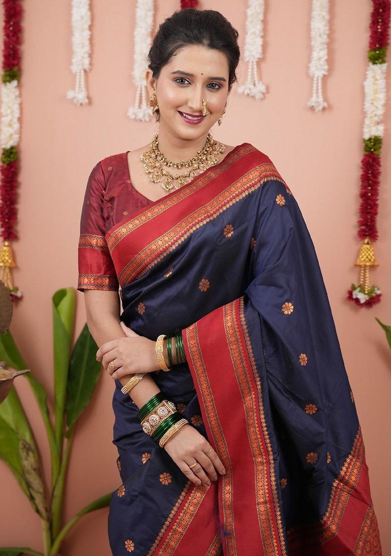 Blue Embroidered Blended Saree Set - Indya