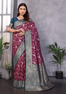 Burgundy Embroidered Blended Saree Set