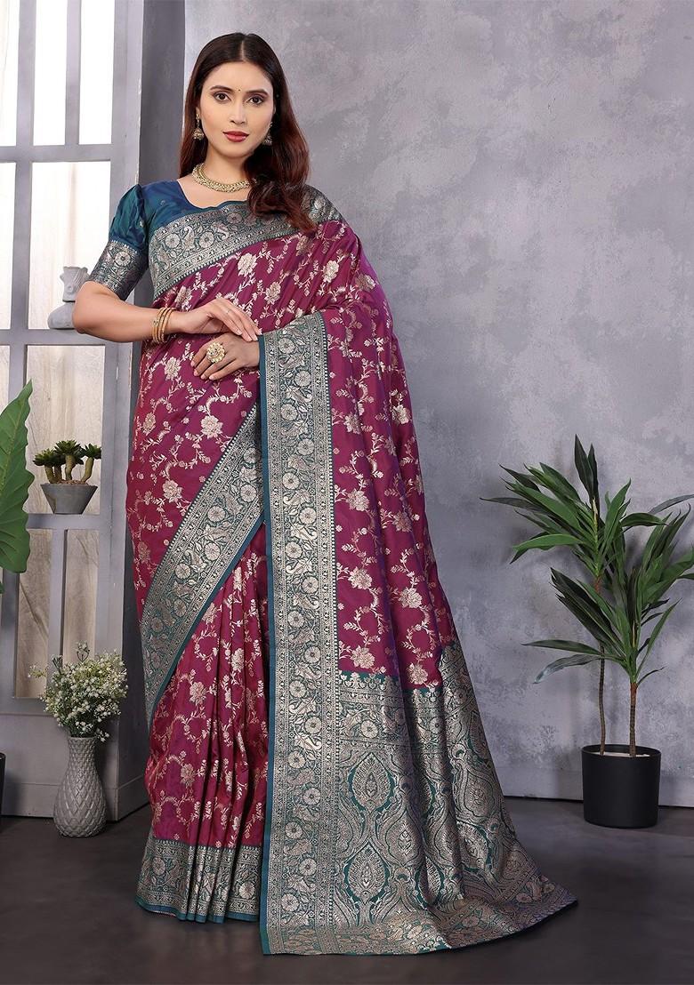 Burgundy Embroidered Blended Saree Set - Indya
