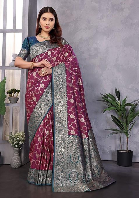 Burgundy Embroidered Blended Saree Set — view on Indya