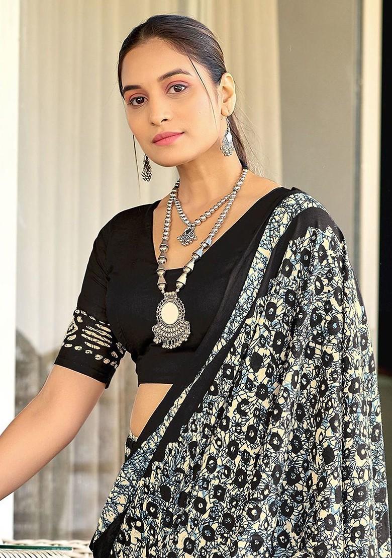 Black Embroidered Blended Saree Set - Indya