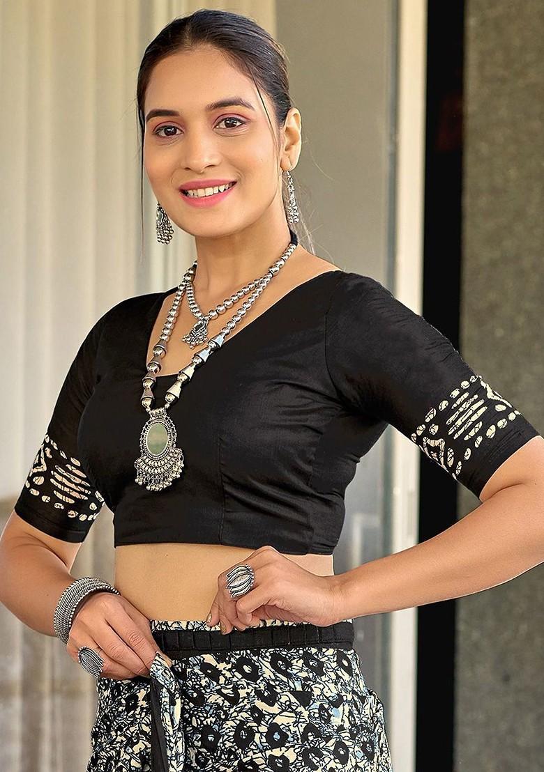 Black Embroidered Blended Saree Set - Indya