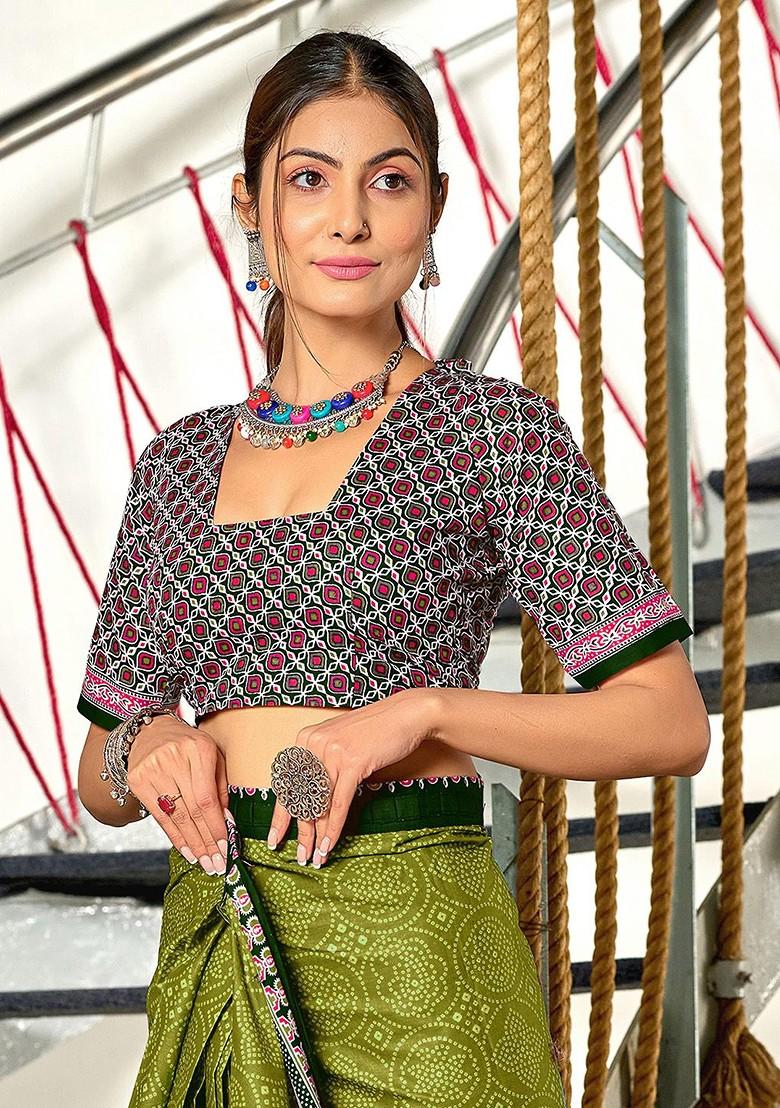 Green Embroidered Blended Saree Set - Indya
