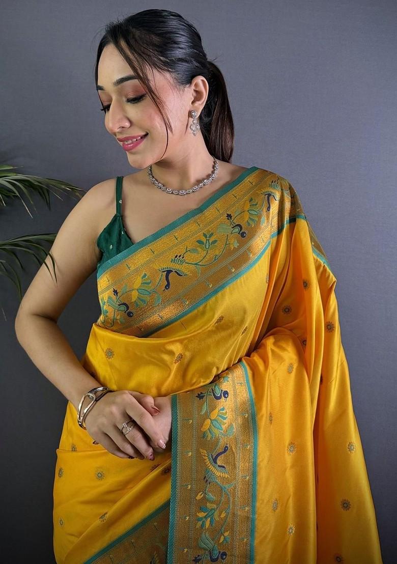 Yellow Embroidered Blended Saree Set - Indya