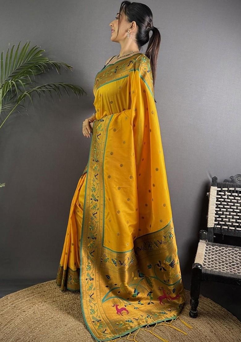 Yellow Embroidered Blended Saree Set - Indya