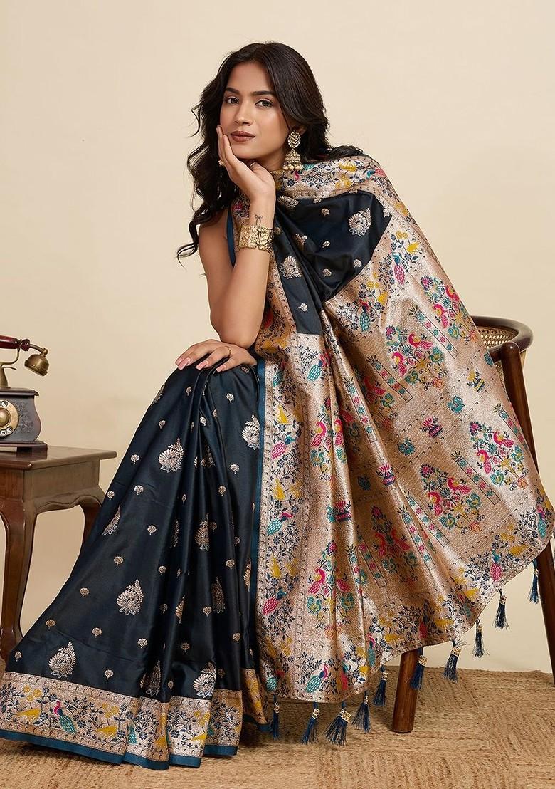Black Embroidered Blended Saree Set - Indya
