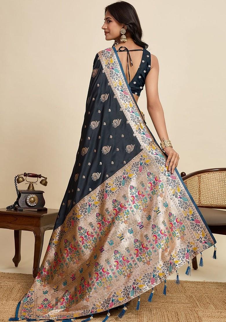 Black Embroidered Blended Saree Set - Indya