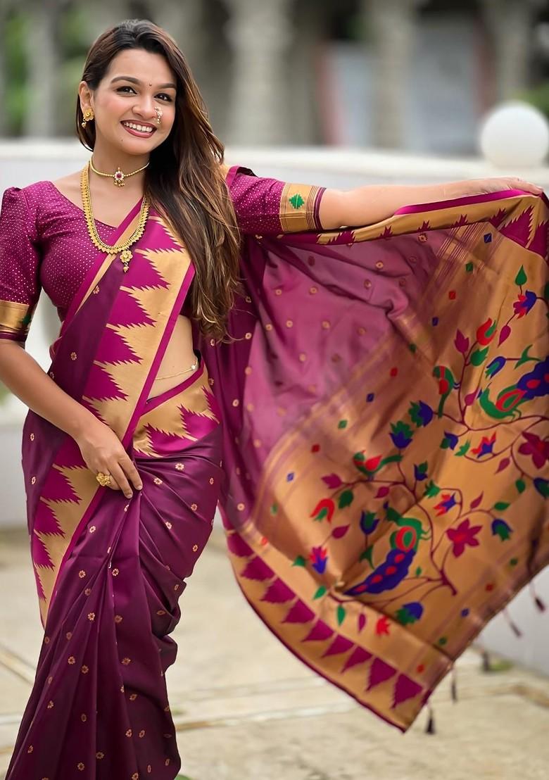 Purple Embroidered Blended Saree Set - Indya