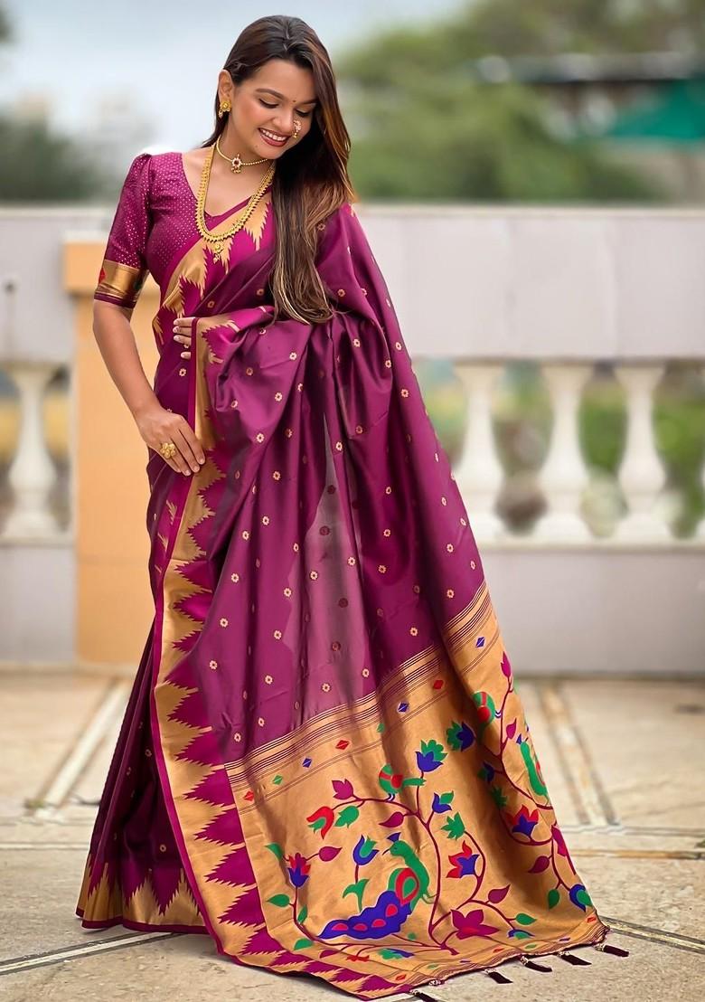 Purple Embroidered Blended Saree Set - Indya