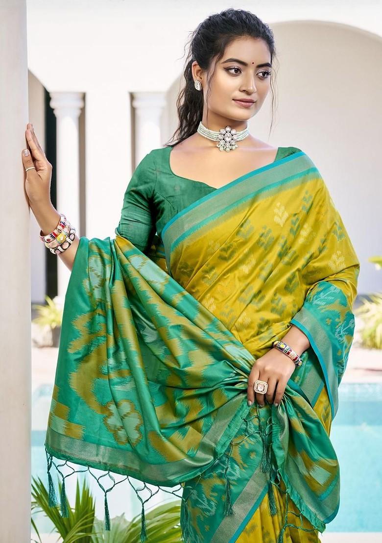 Olive Embroidered Blended Saree Set - Indya