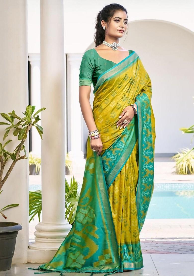 Olive Embroidered Blended Saree Set - Indya