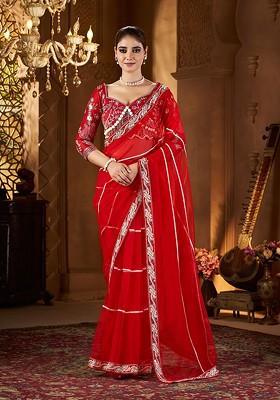 Red Embroidered Blended Saree Set
