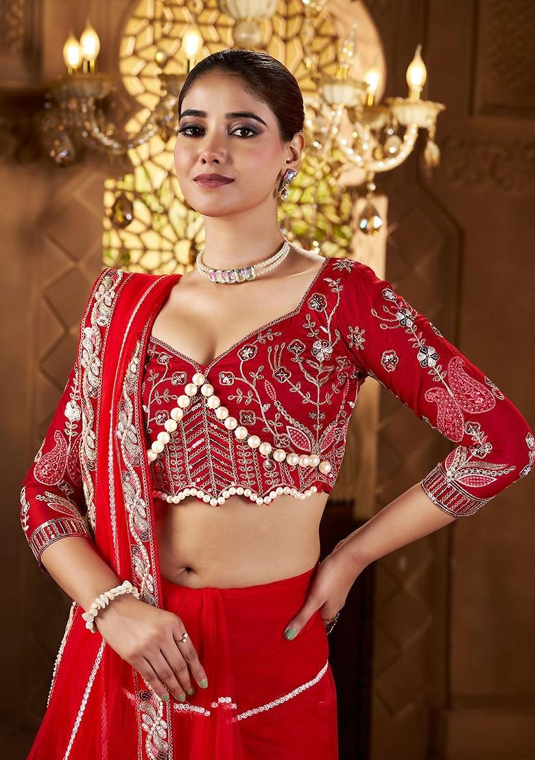 Red Embroidered Blended Saree Set - Indya