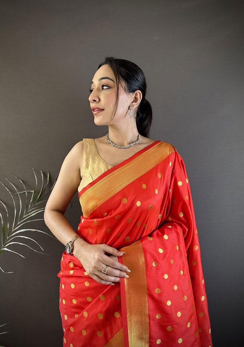 Red Embroidered Blended Saree Set - Indya