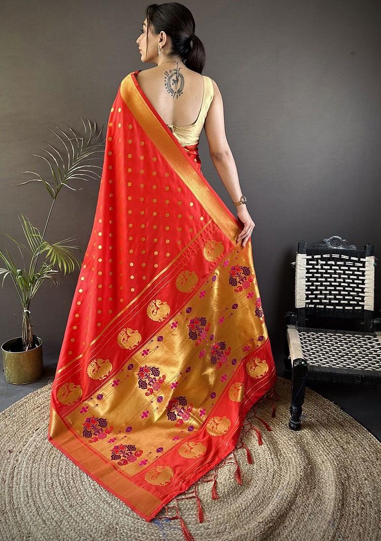 Red Embroidered Blended Saree Set - Indya
