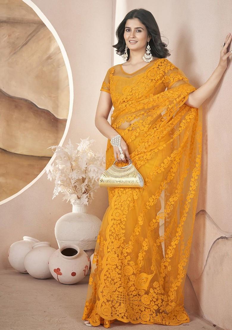 Yellow Embroidered Blended Saree Set - Indya