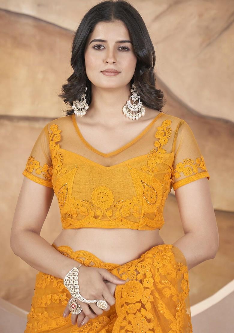 Yellow Embroidered Blended Saree Set - Indya