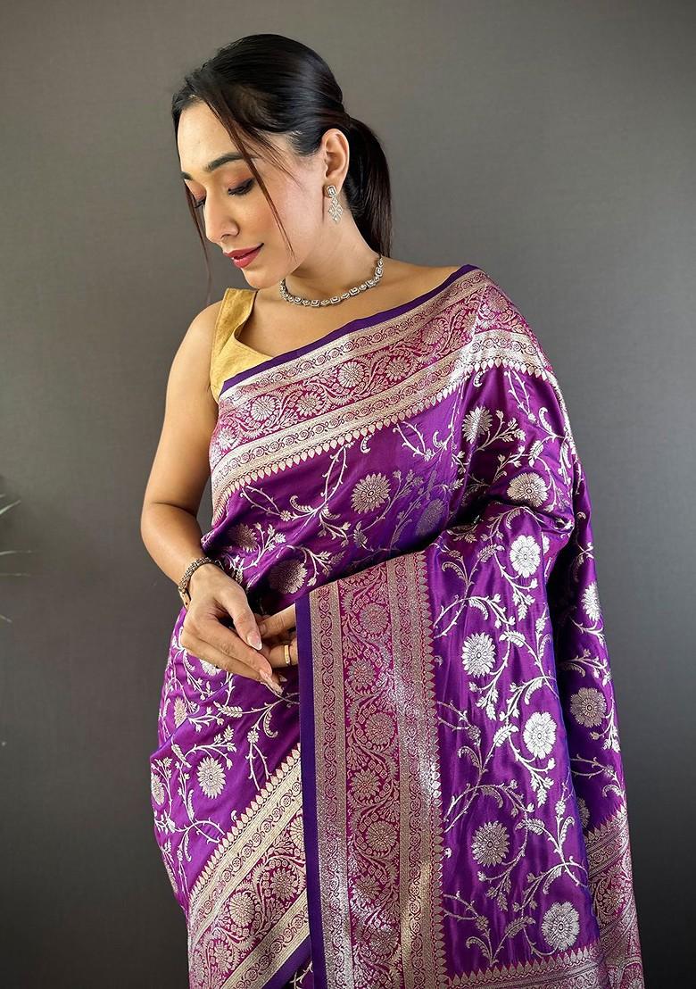 Purple Embroidered Blended Saree Set - Indya