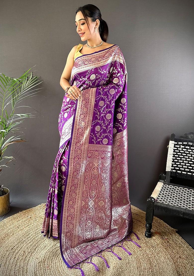 Purple Embroidered Blended Saree Set - Indya