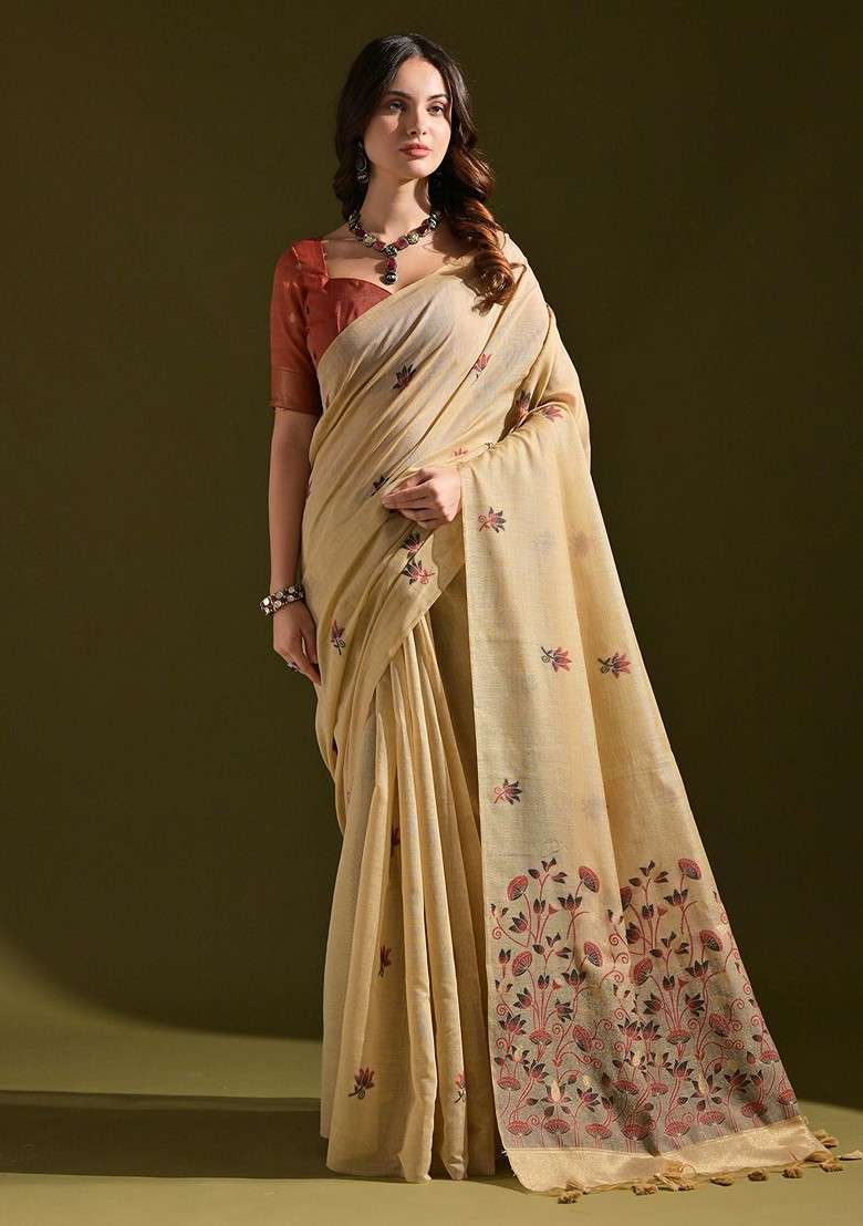 Beige Embroidered Blended Saree Set - Indya