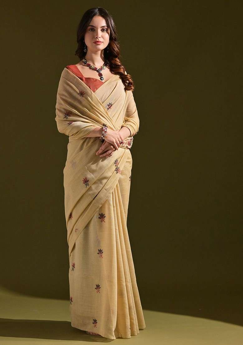 Beige Embroidered Blended Saree Set - Indya