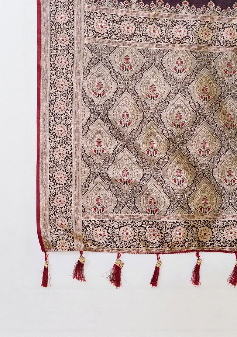 Maroon Embroidered Blended Saree Set - Indya