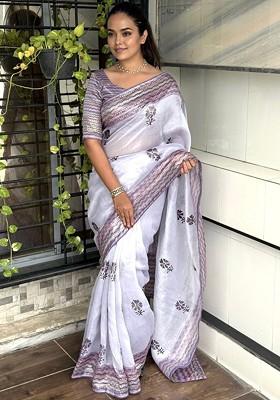Lavender Embroidered Blended Saree Set