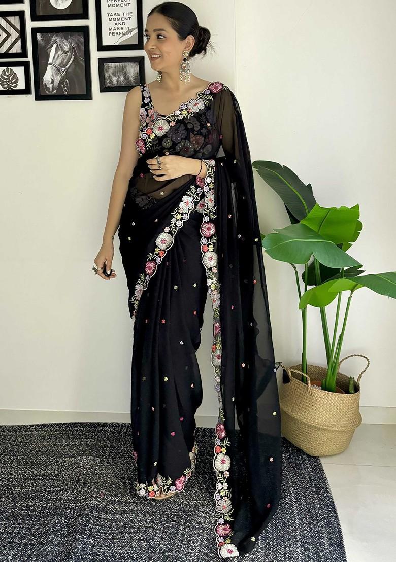 Black Embroidered Blended Saree Set - Indya