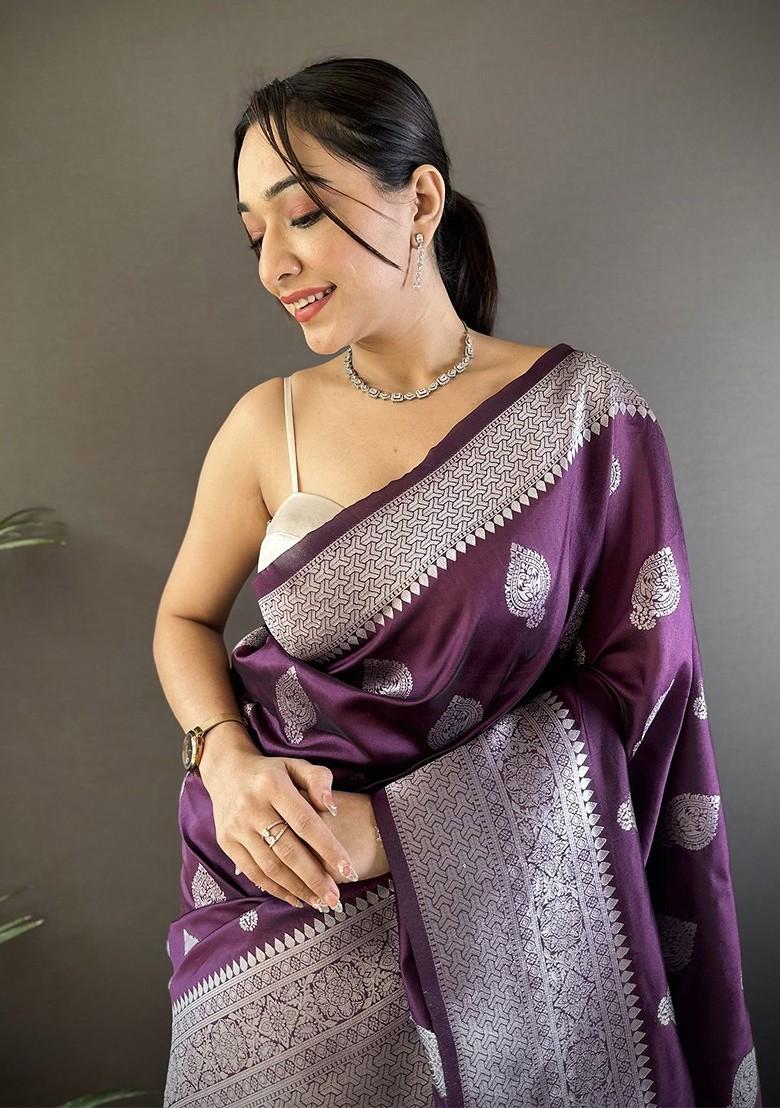 Purple Embroidered Blended Saree Set - Indya