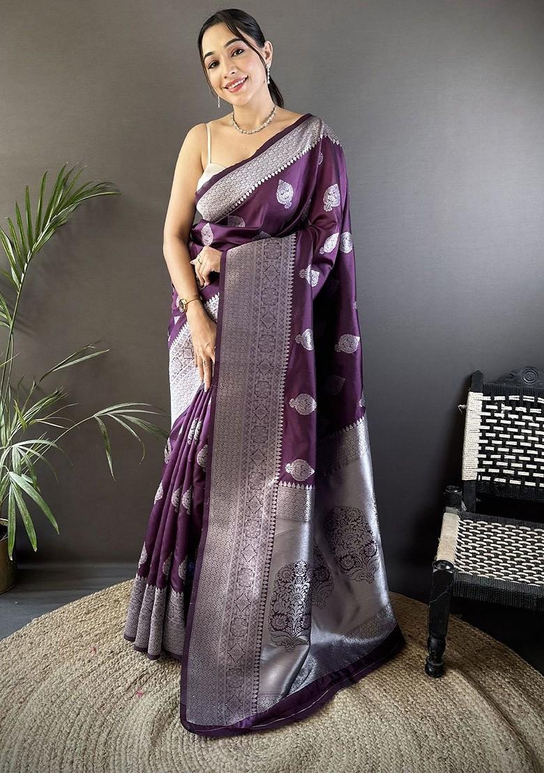 Purple Embroidered Blended Saree Set - Indya