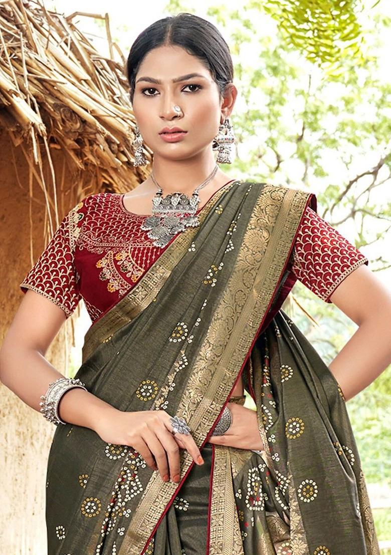 Green Embroidered Blended Saree Set - Indya