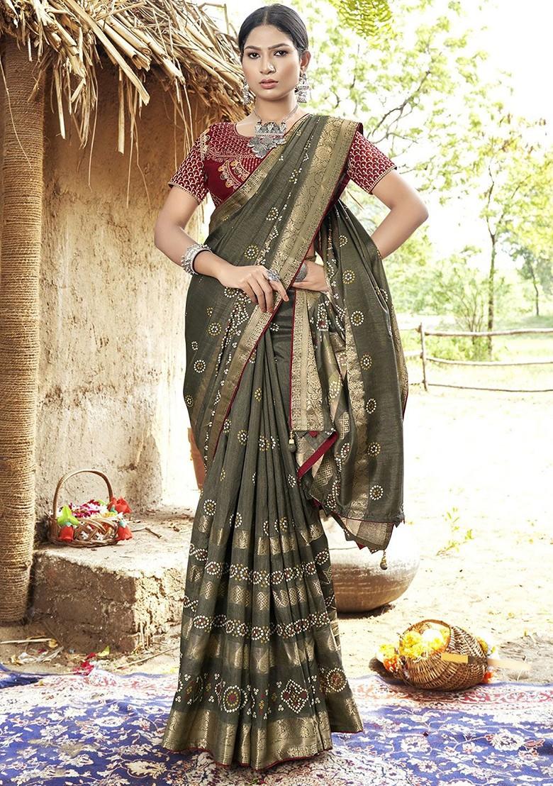Green Embroidered Blended Saree Set - Indya