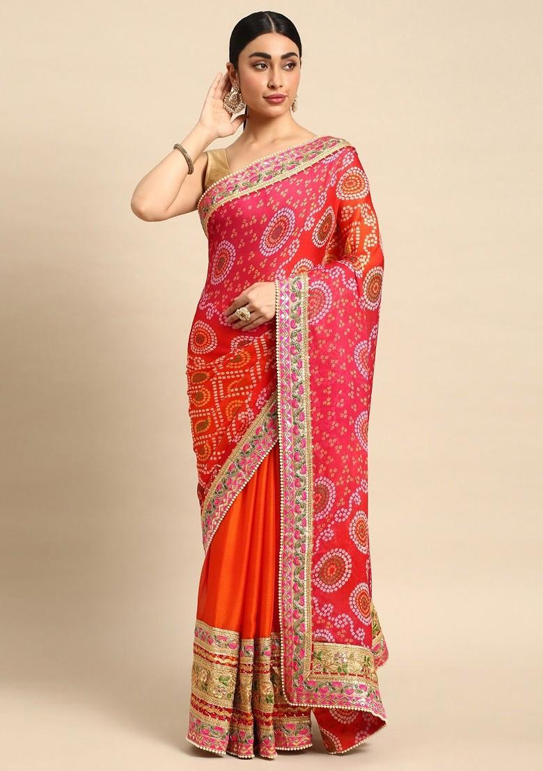 Orange Embroidered Blended Saree Set - Indya