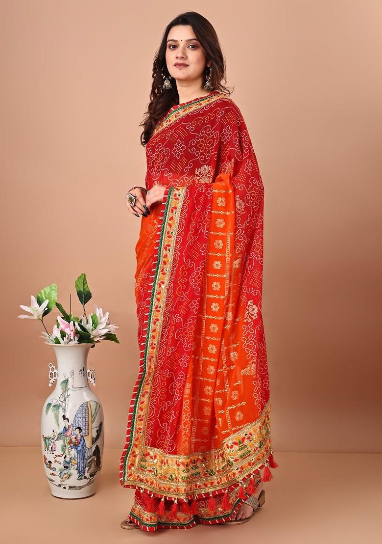 Orange Embroidered Blended Saree Set - Indya