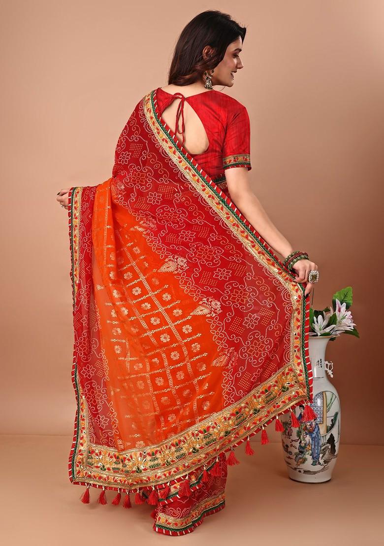 Orange Embroidered Blended Saree Set - Indya