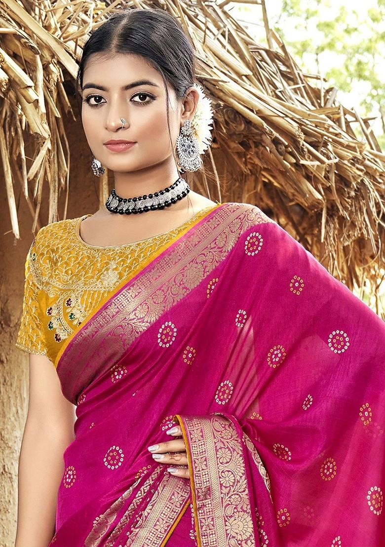 Pink Embroidered Blended Saree Set - Indya