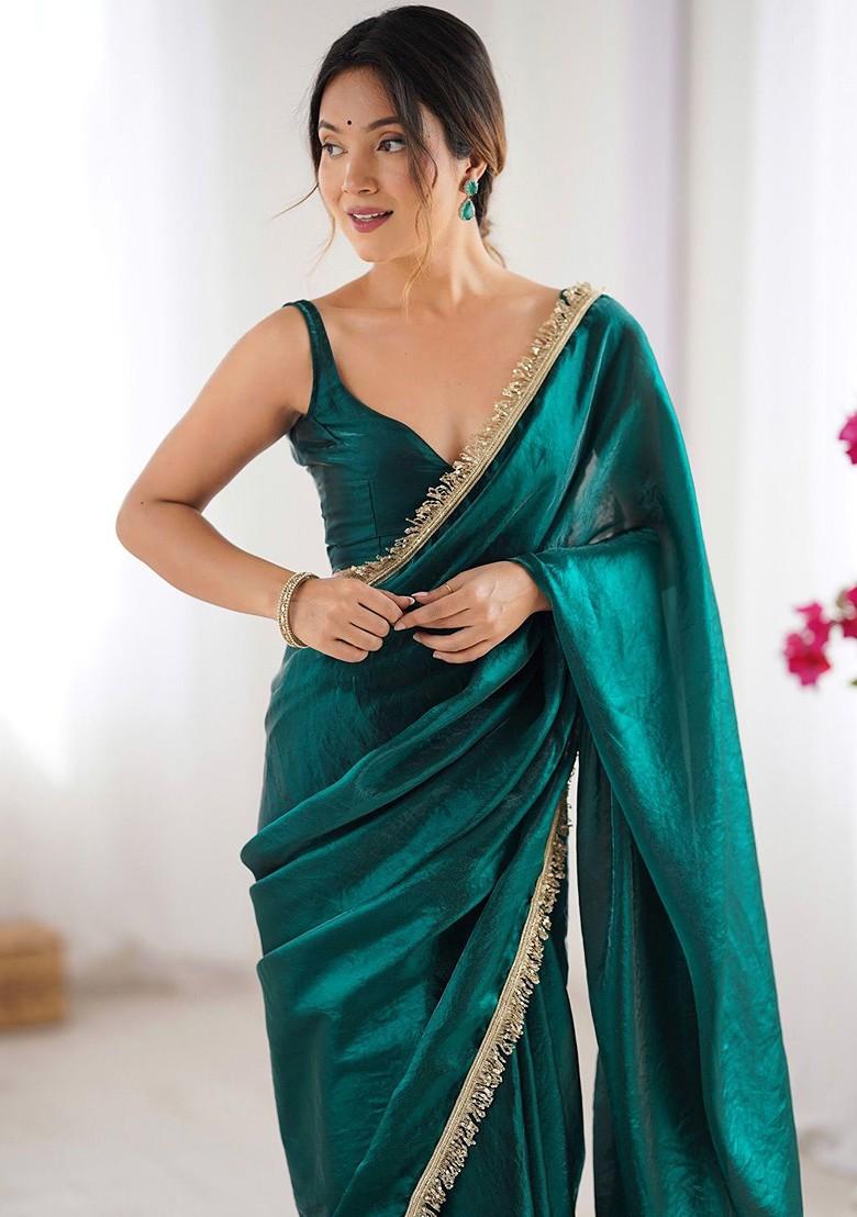 Teal Embroidered Blended Saree Set - Indya