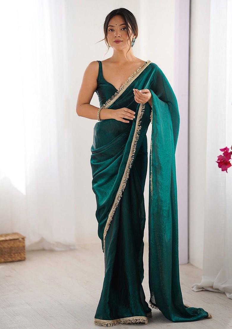 Teal Embroidered Blended Saree Set - Indya