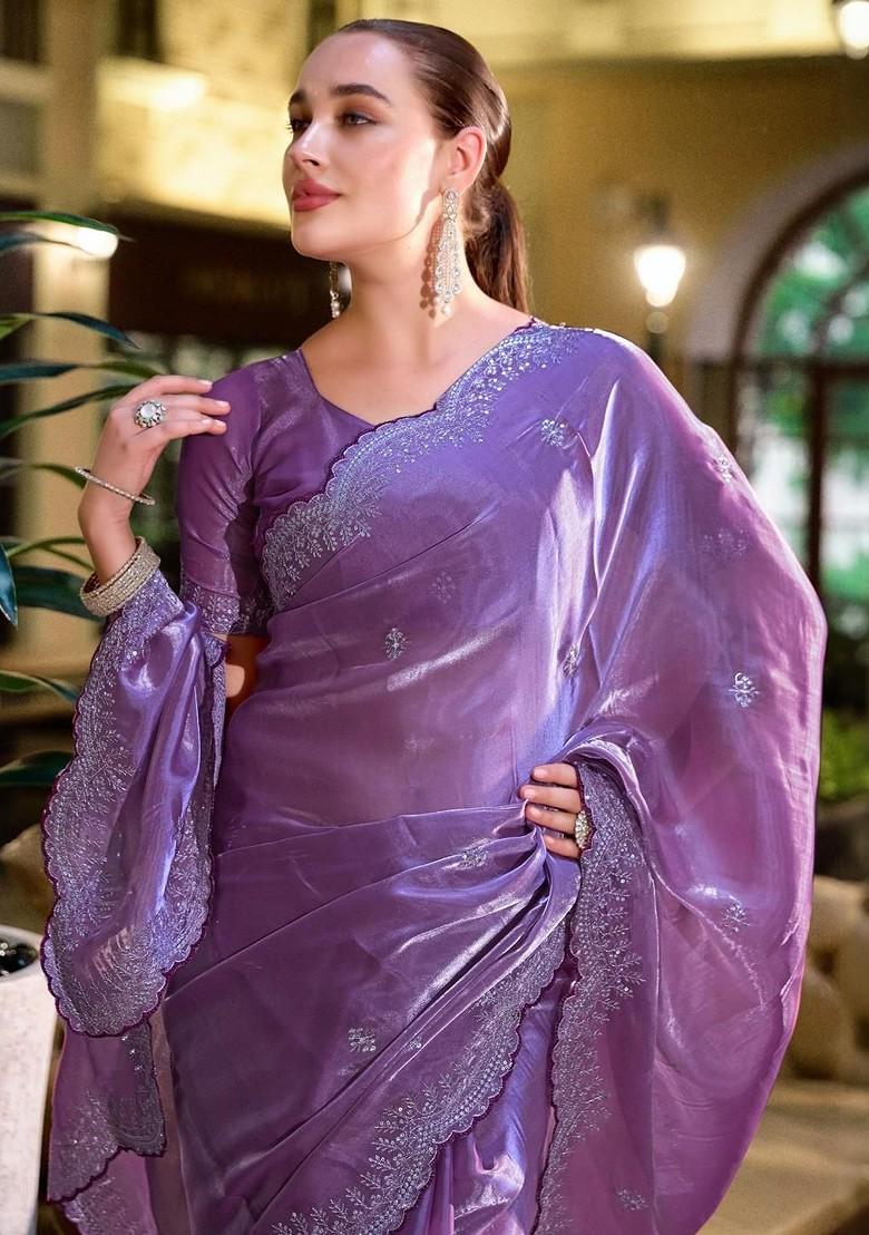 Lavender Embroidered Blended Saree Set - Indya
