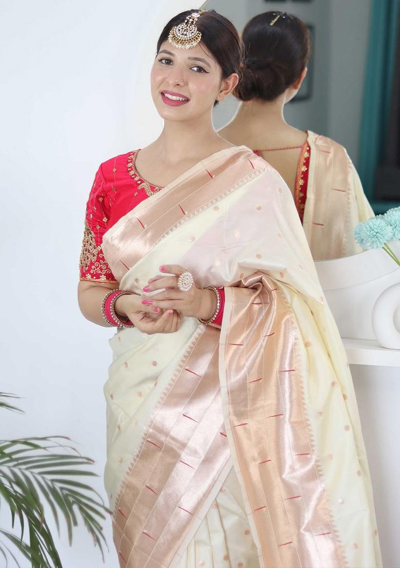 White Embroidered Blended Saree Set - Indya