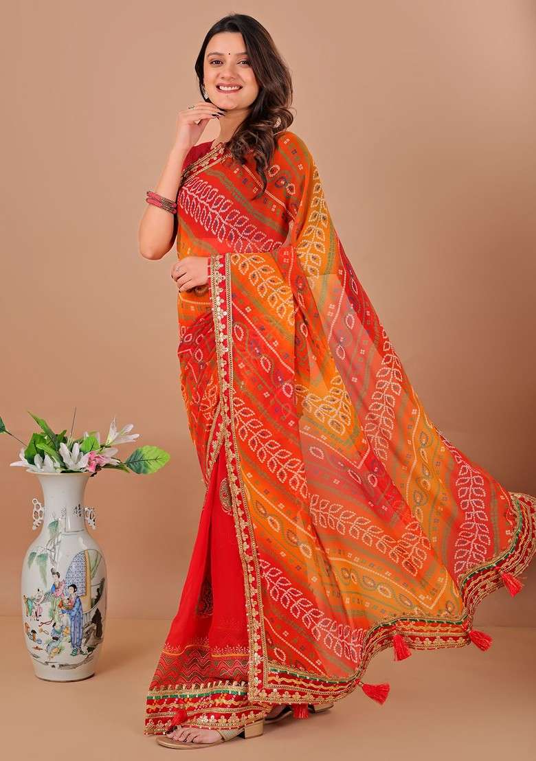 Red Embroidered Blended Saree Set - Indya