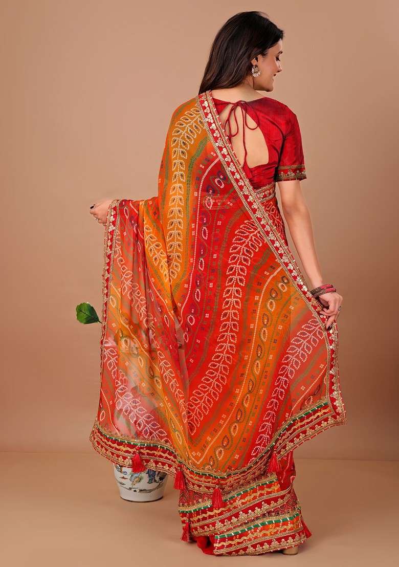 Red Embroidered Blended Saree Set - Indya