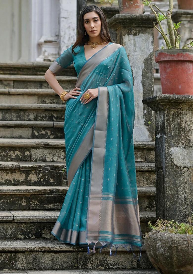 Teal Embroidered Blended Saree Set - Indya